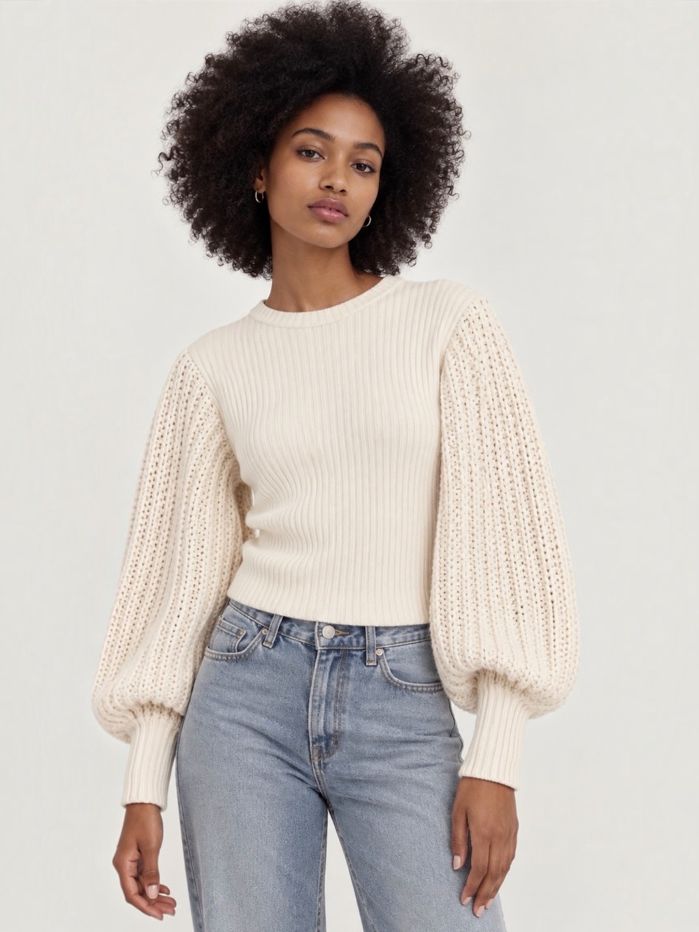 Zara Cream Chunky Knit Puff Balloon Sleeves Ribbed Sweater Top Size S